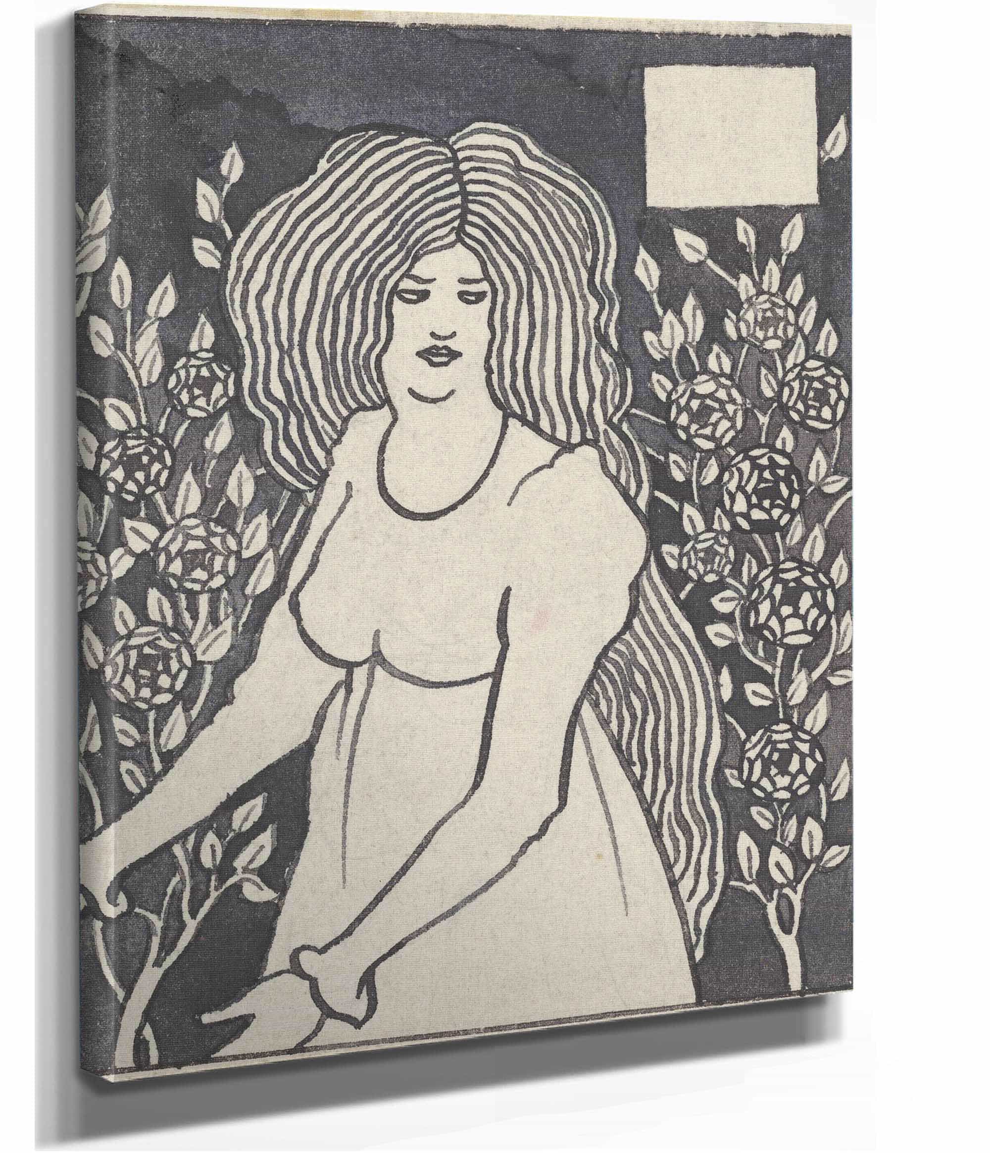 Long Haired Woman In Front Of Tall Rosebushes by Aubrey Vincent Beardsley