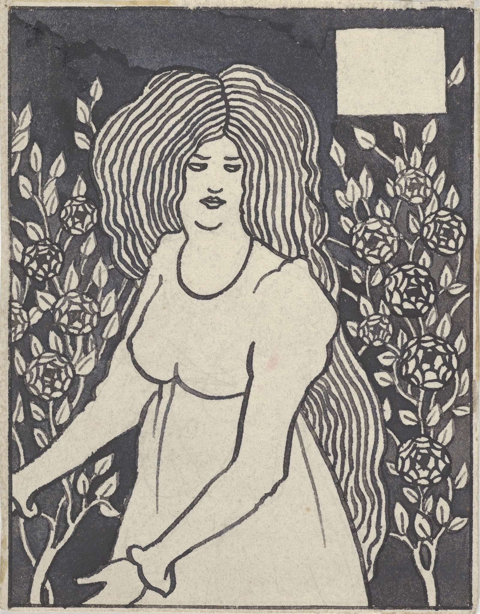 Long Haired Woman In Front Of Tall Rosebushes by Aubrey Vincent Beardsley