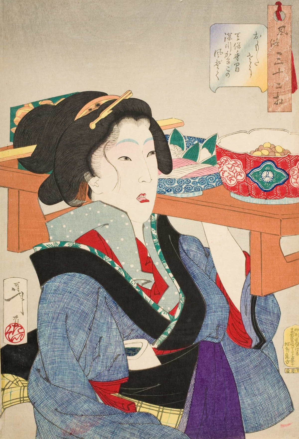 Looking Weighed Down The Manner Of A Waitress At Fukagawa In The Tenpo Era by Tsukioka Yoshitoshi