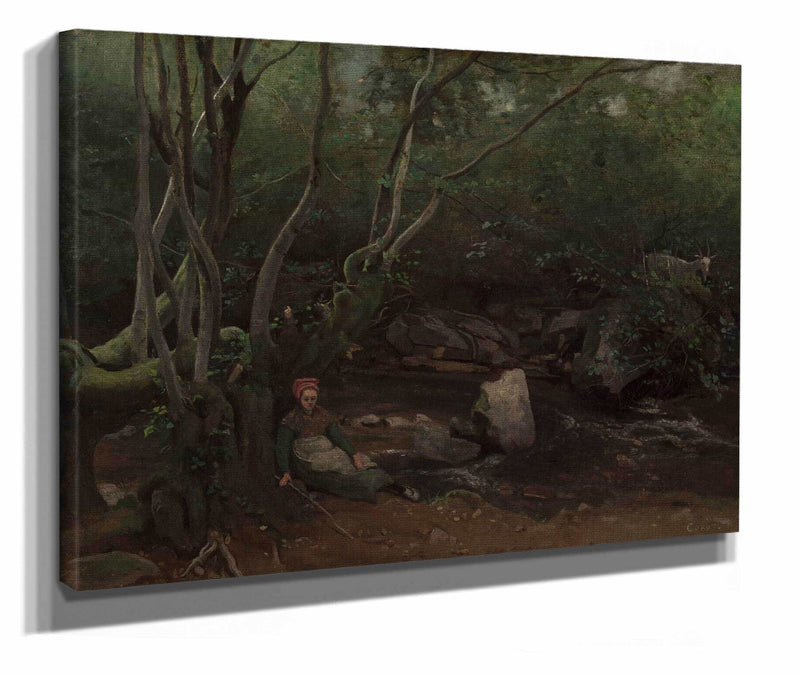 Lormes Goat Girl Sitting Beside A Stream In A Forest by Jean Baptiste Camille Corot