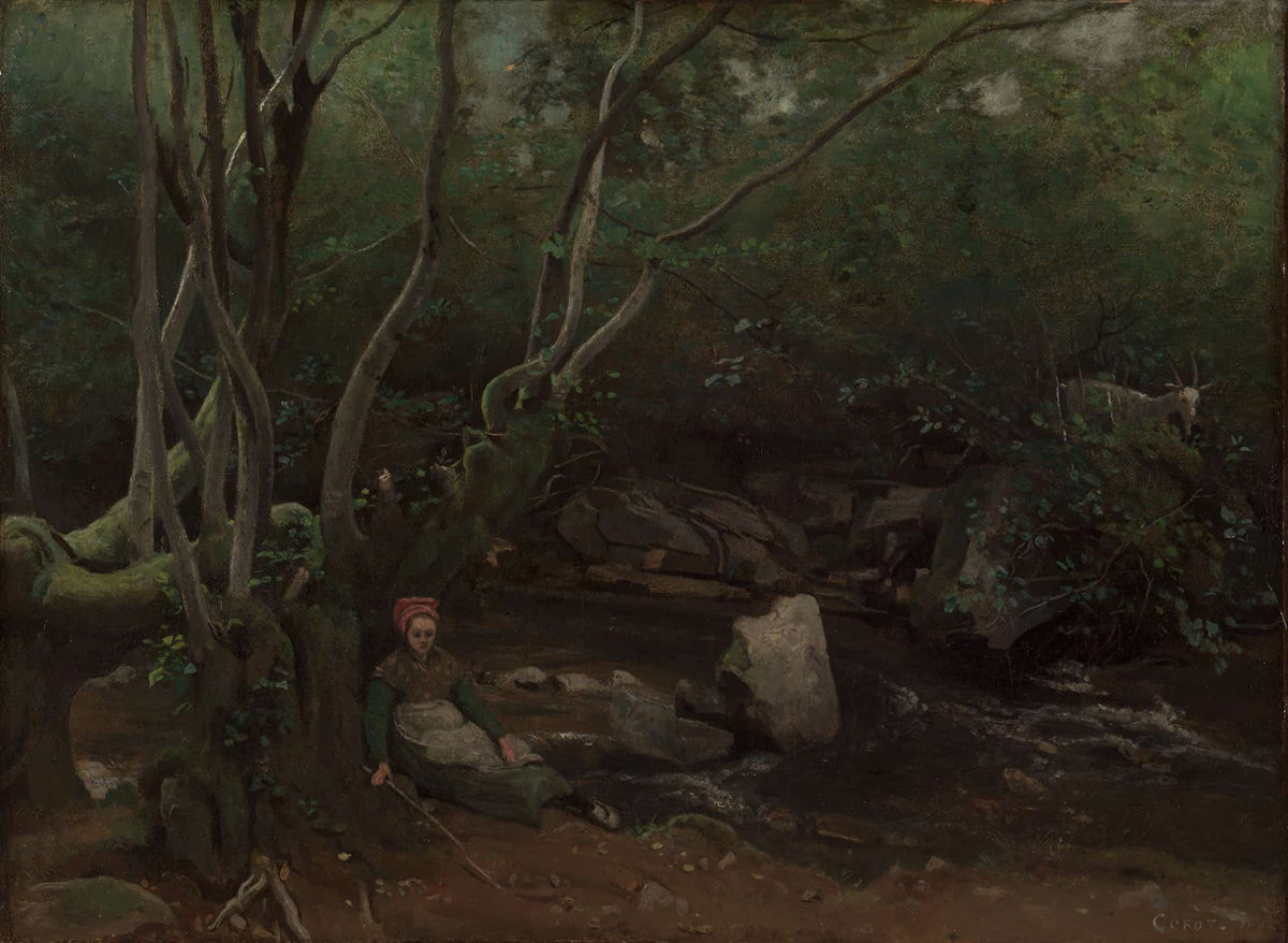 Lormes Goat Girl Sitting Beside A Stream In A Forest by Jean Baptiste Camille Corot
