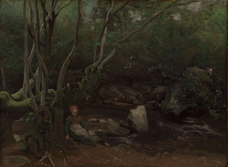 Lormes Goat Girl Sitting Beside A Stream In A Forest by Jean Baptiste Camille Corot
