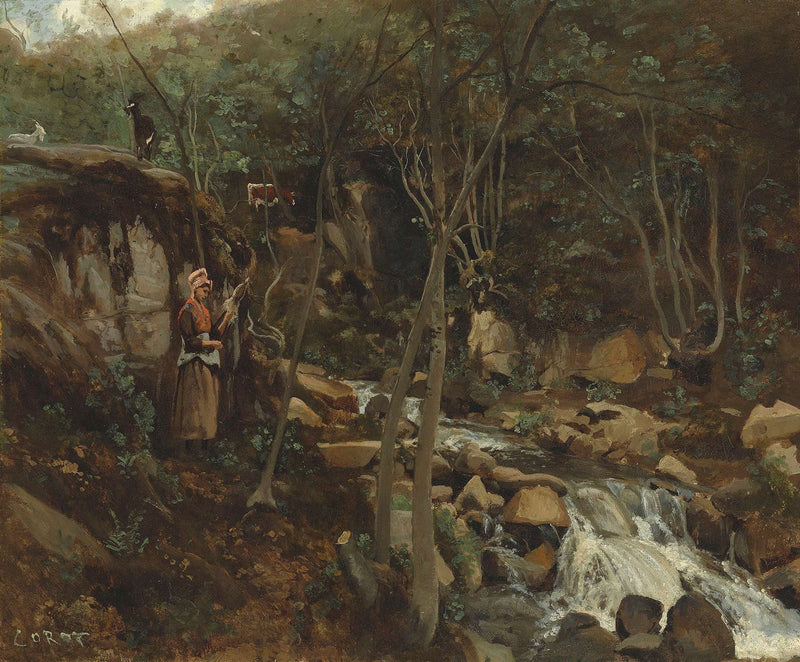 Lormes Un Torrent Avec Une Chevriere Debout Filant by Jean Baptiste Camille Corot