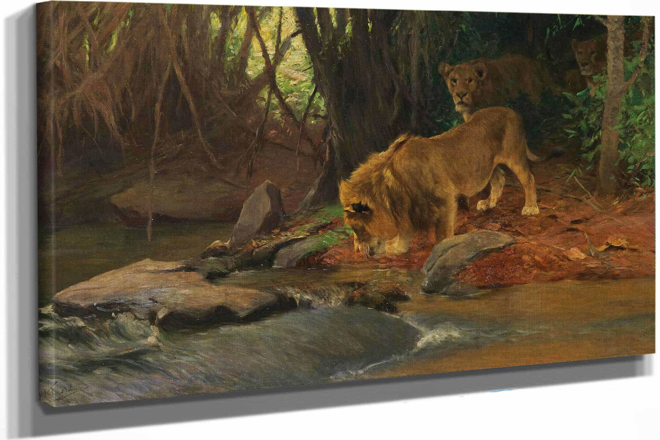 Lowen Am Urwaldbach by Wilhelm Kuhnert