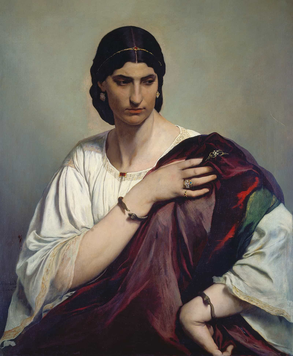 Lucrezia Borgia Portrait Of A Roman Woman In White Tunic And Red Robe by Anselm Feuerbach