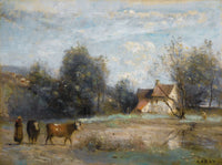 Luzancy Petites Maisons De Paysans Au Bord De Leau by Jean Baptiste Camille Corot