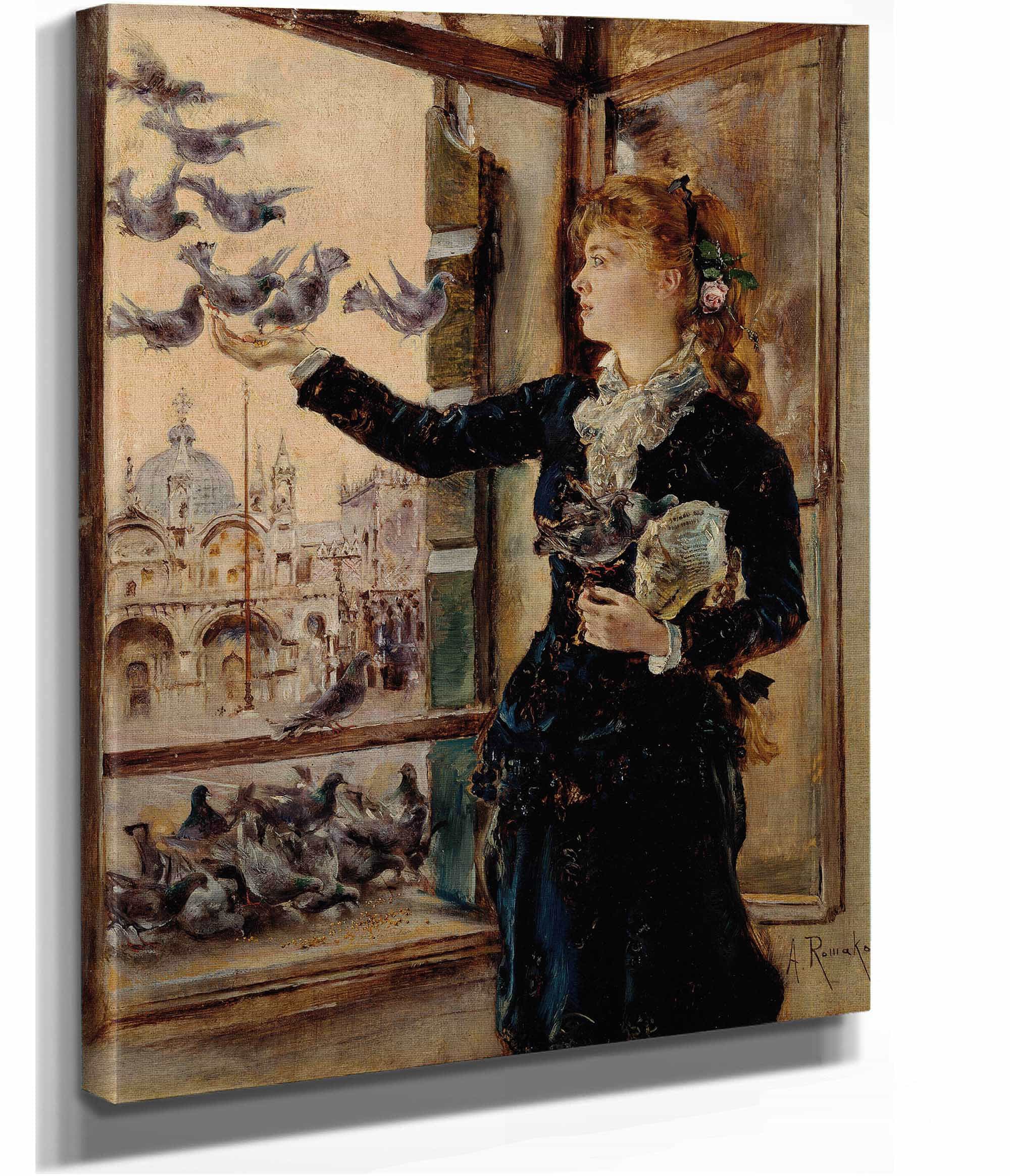 Madchen An Einem Fenster Zum Markusplatz Tauben Futternd by Anton Romako
