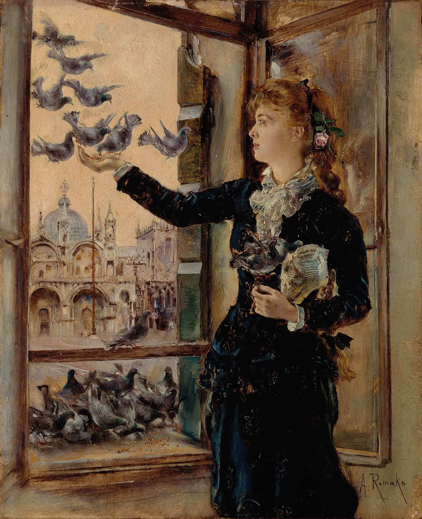 Madchen An Einem Fenster Zum Markusplatz Tauben Futternd by Anton Romako