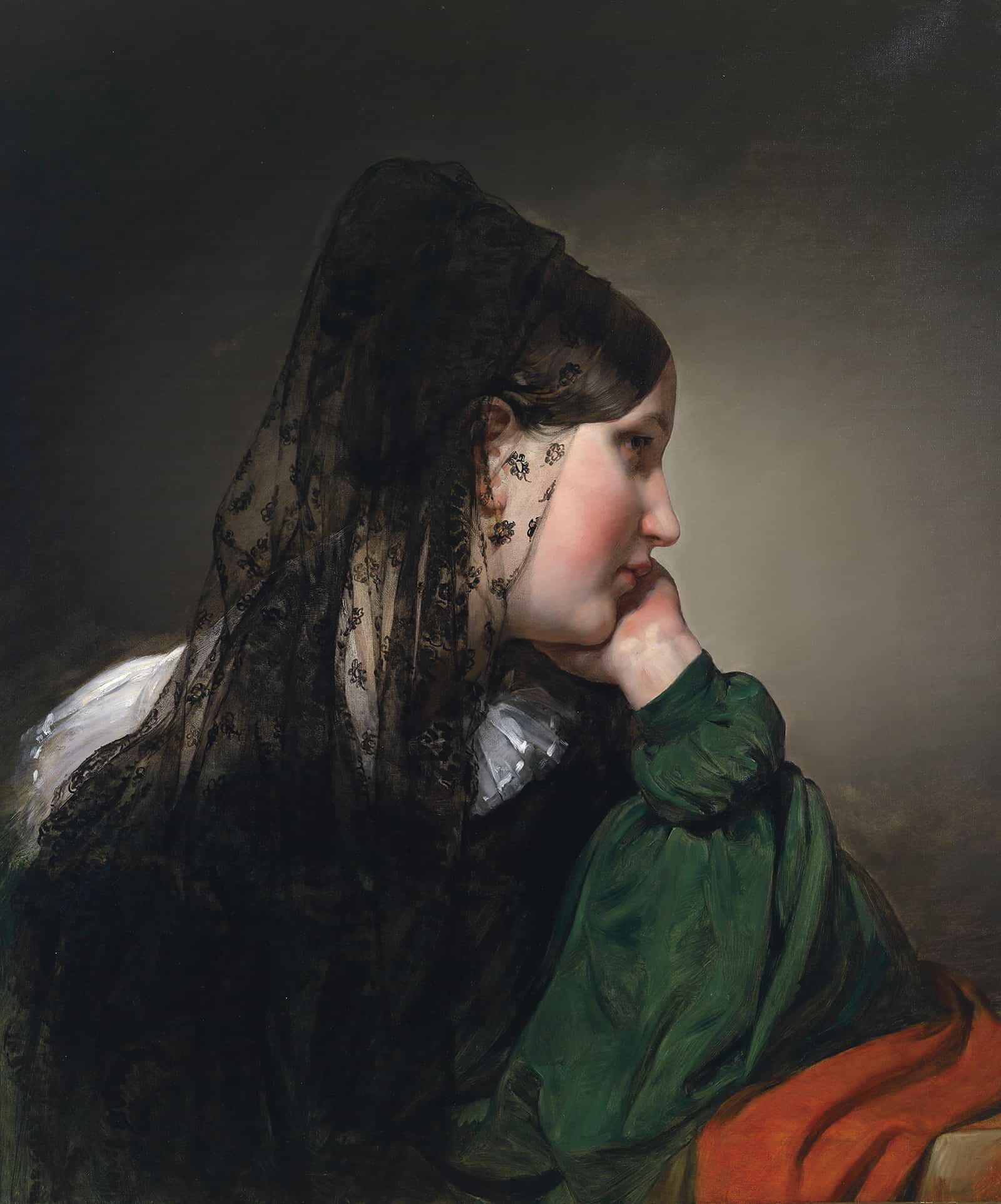 Madchen Im Profil Mit Schwarzer Mantille by Friedrich Von Amerling