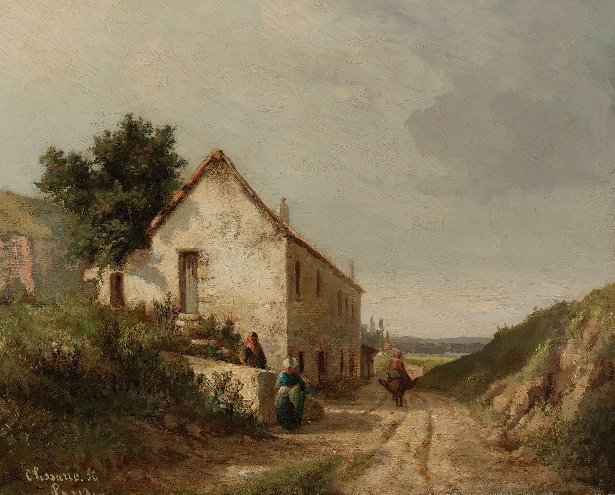 Maison Au Bord Dune Route De Campagne Avec Personnages by Camille Pissarro
