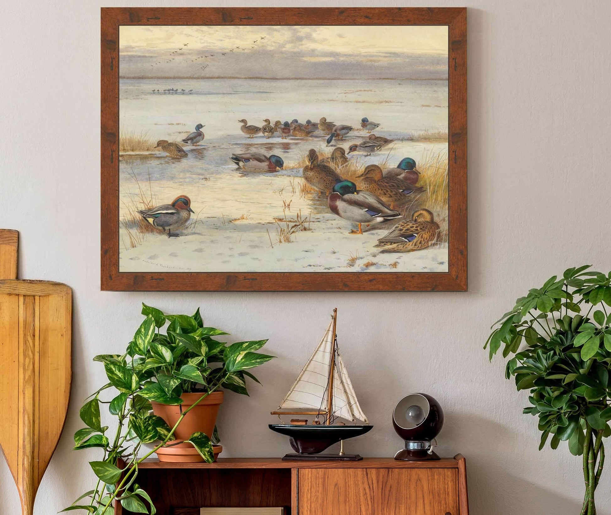 Mallard And Teal On A Snowy Marsh by Archibald Thorburn