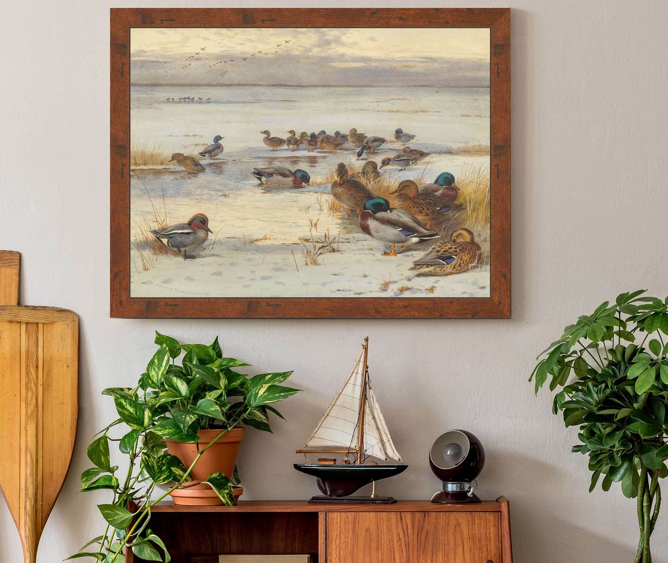 Mallard And Teal On A Snowy Marsh by Archibald Thorburn