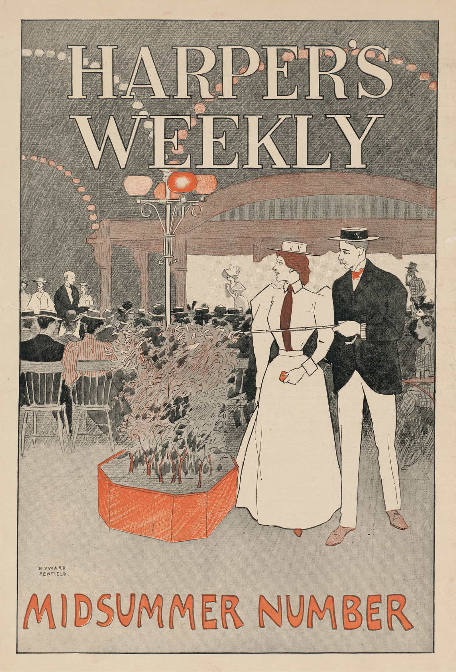 Man And Woman Sit In A Crowded Cafe Looking Over A Crowd With The Man Pointing With A Cane by Edward Penfield