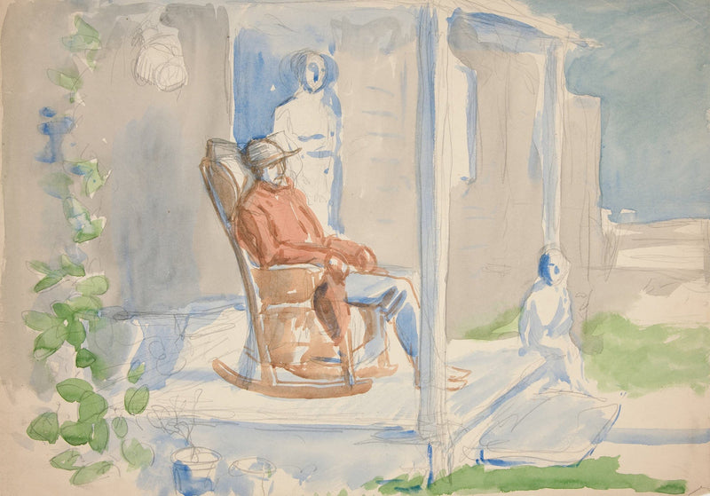 Man In Rocking Chair On Front Porch With His Wife And Child by Edwin Austin Abbey