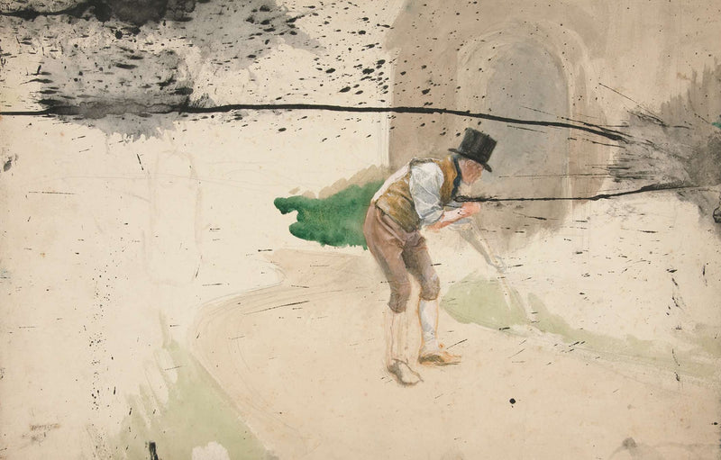 Man In Tophat And Shirtsleeves Sweeping A Walkway by Edwin Austin Abbey
