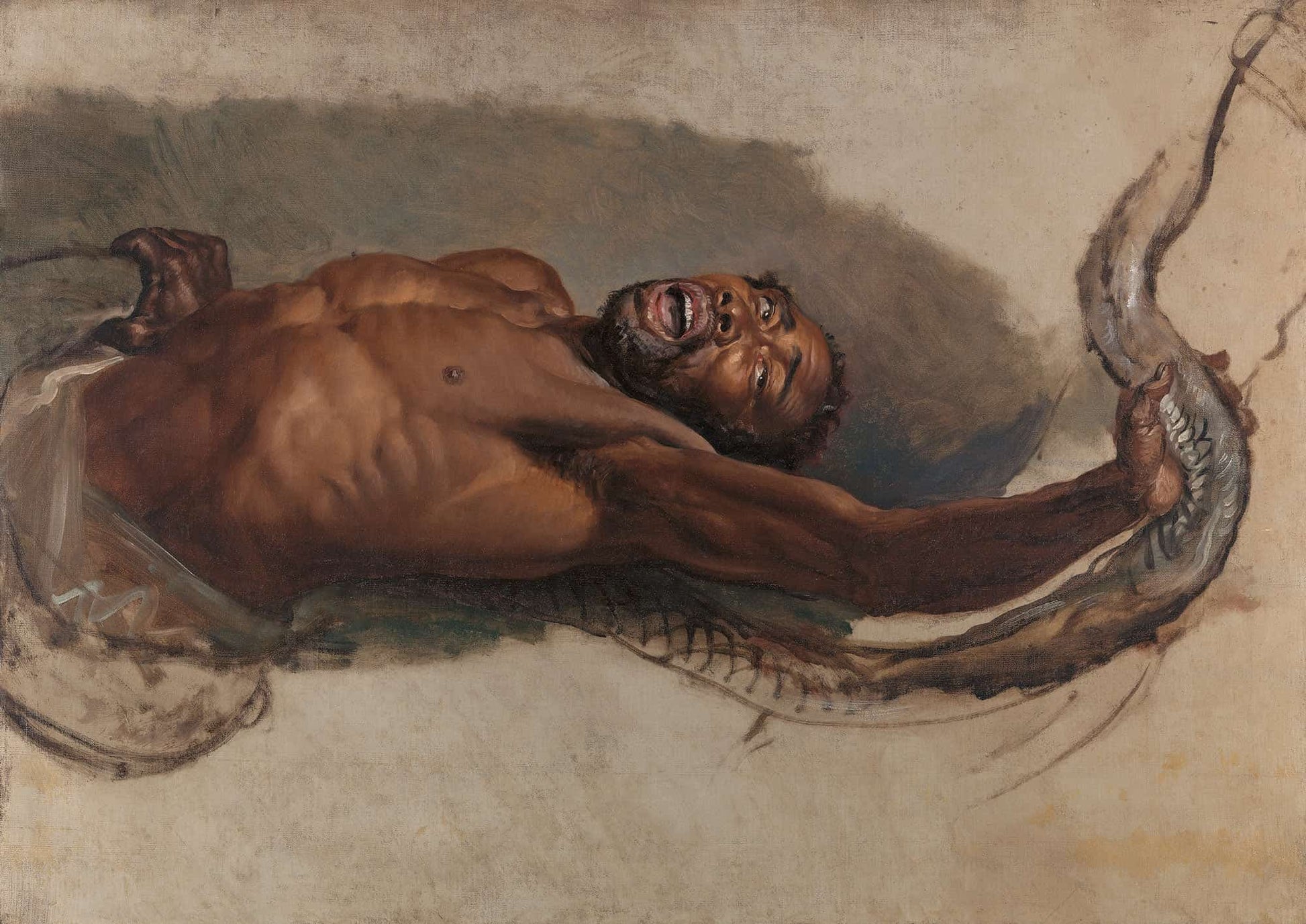 Man Struggling With A Boa Constrictor Study For The Liboya Serpent Seizing His Prey by James Ward