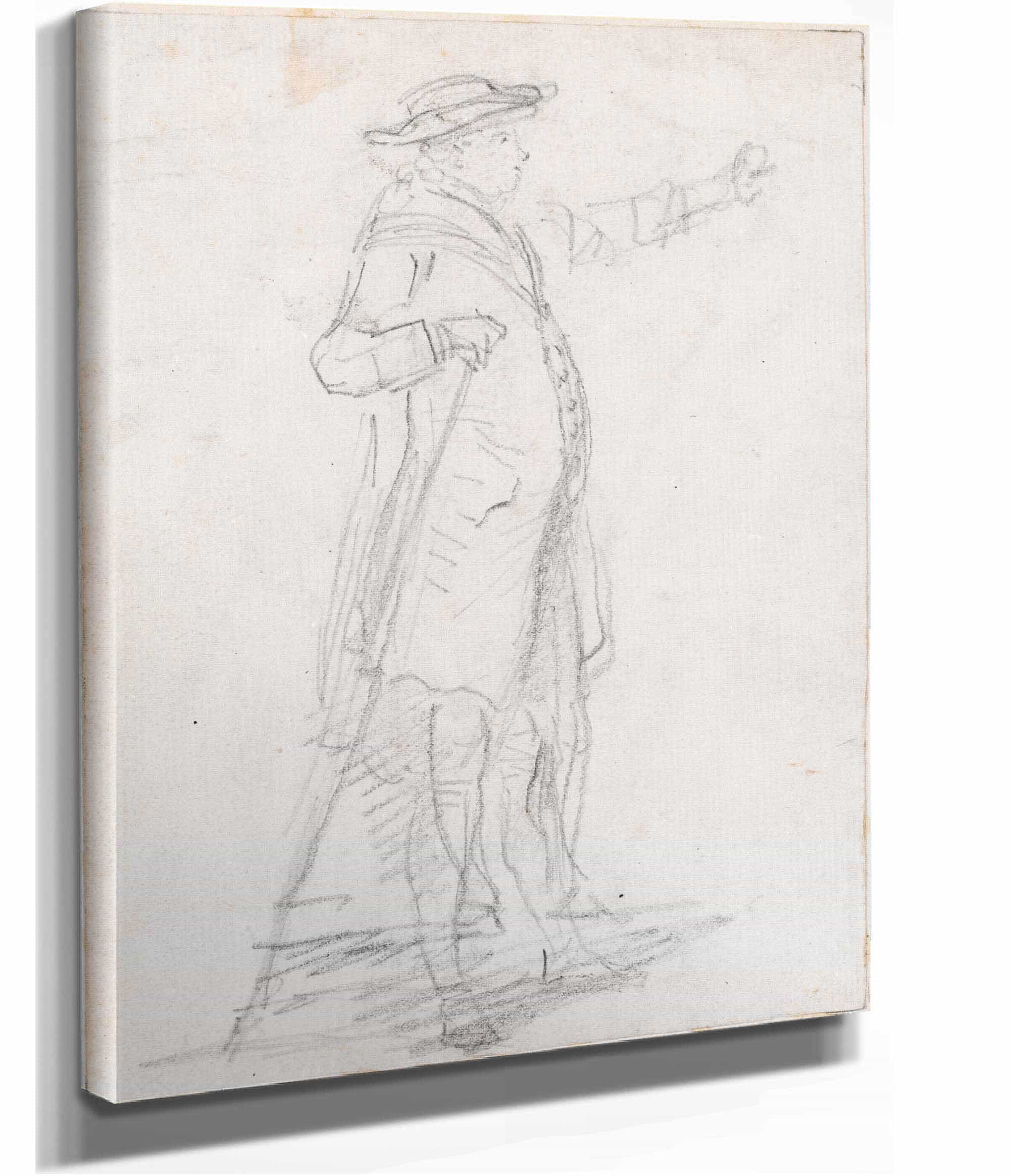 Man With A Walking Stick Seen In Profile Recto Probably C by Hubert Robert