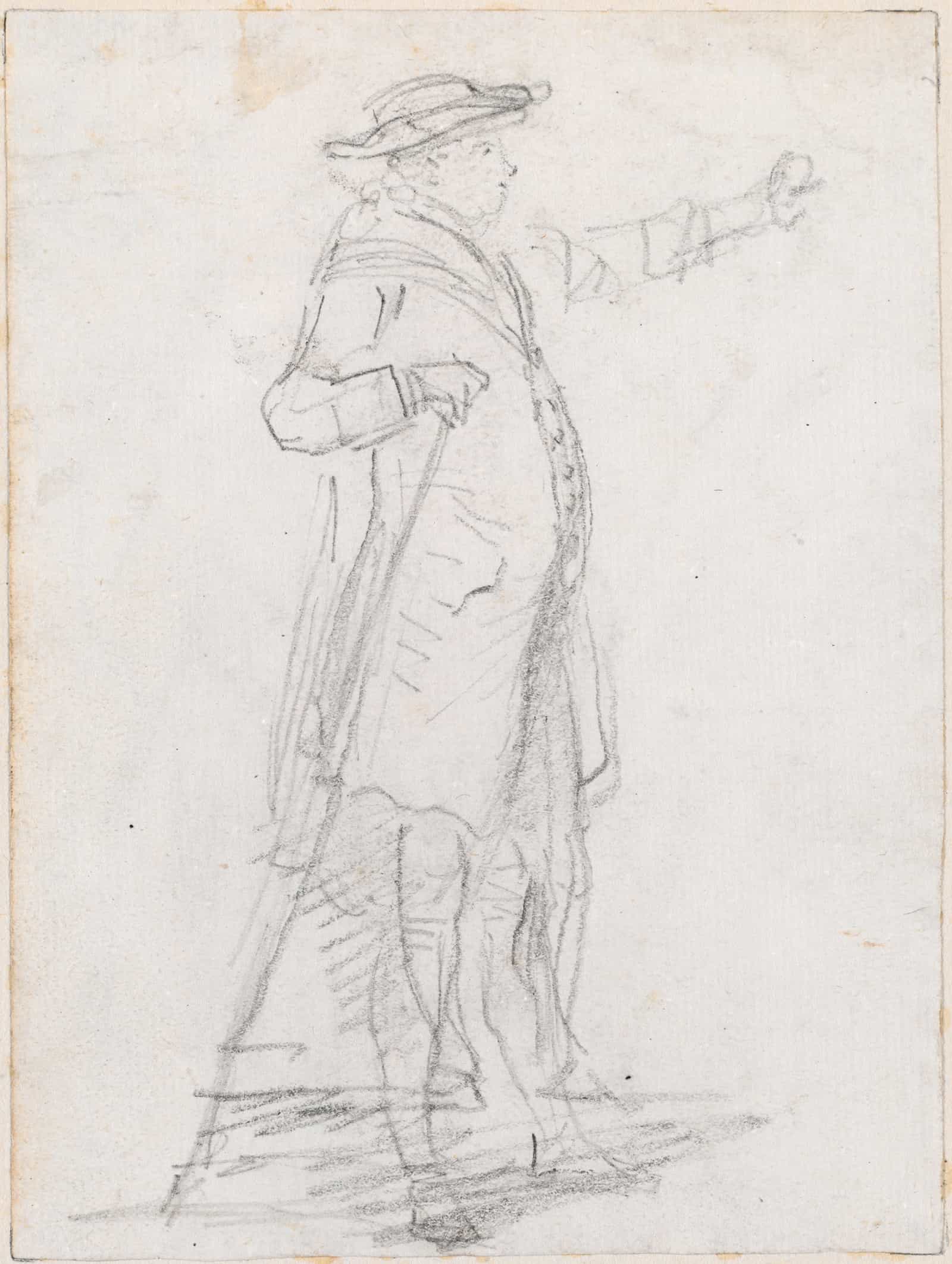 Man With A Walking Stick Seen In Profile Recto Probably C by Hubert Robert