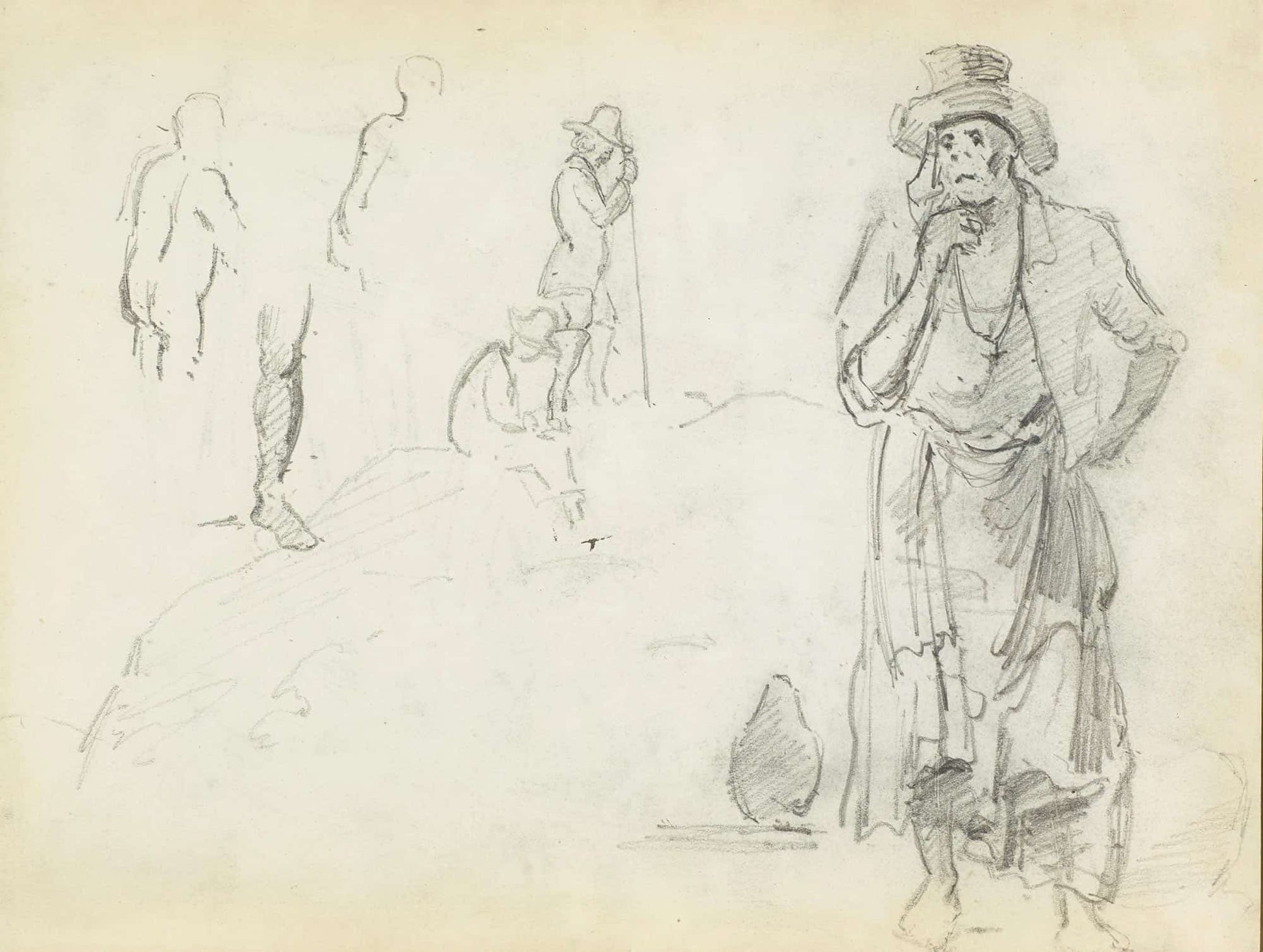 Man With His Hand To His Chin With Sketches Of Men In Profile And A Leg by Camille Pissarro