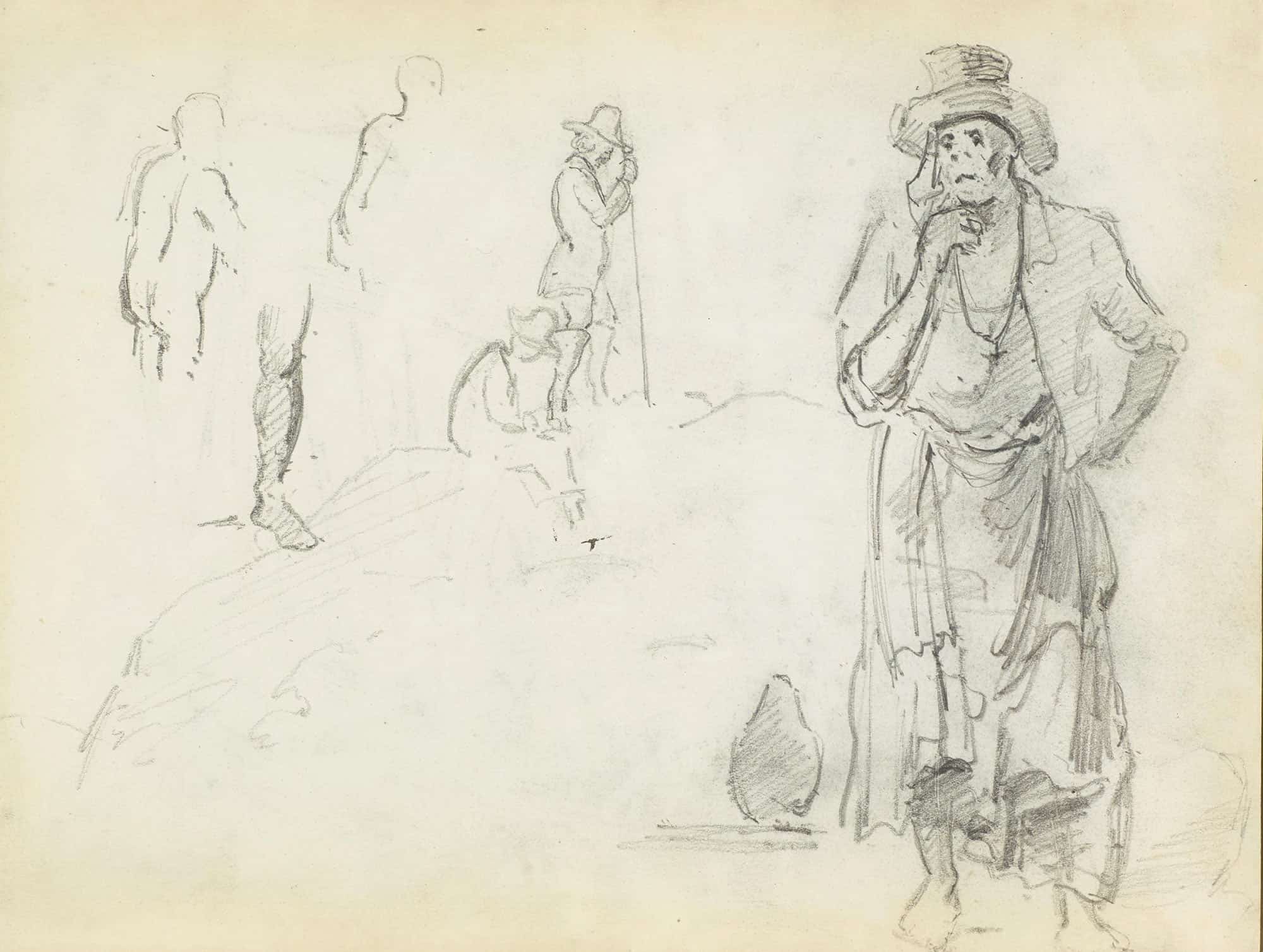 Man With His Hand To His Chin With Sketches Of Men In Profile And A Leg by Camille Pissarro
