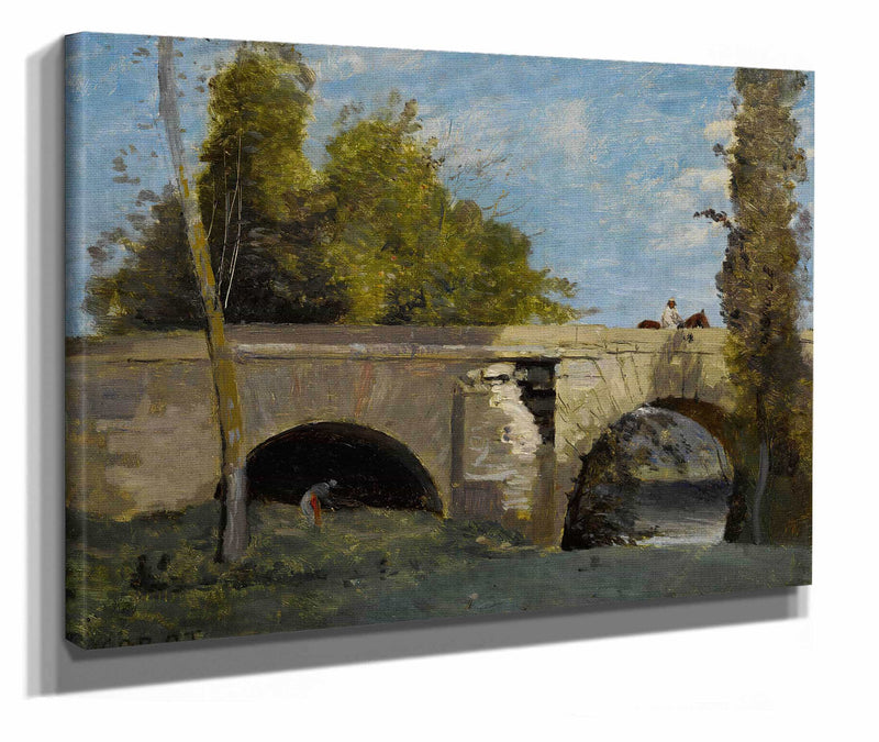 Mantes Deux Arches Du Pont Avec Un Cavalier by Jean Baptiste Camille Corot