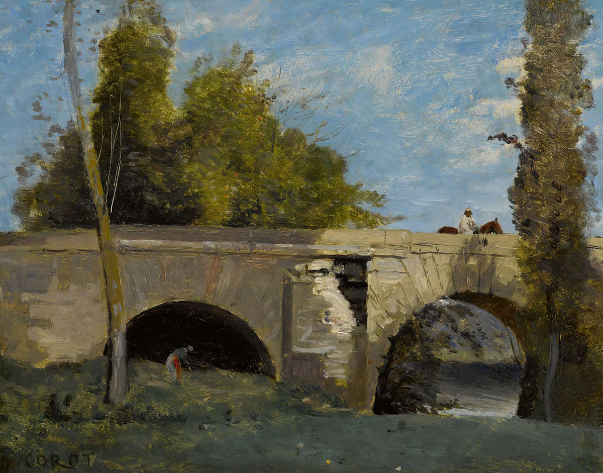 Mantes Deux Arches Du Pont Avec Un Cavalier by Jean Baptiste Camille Corot
