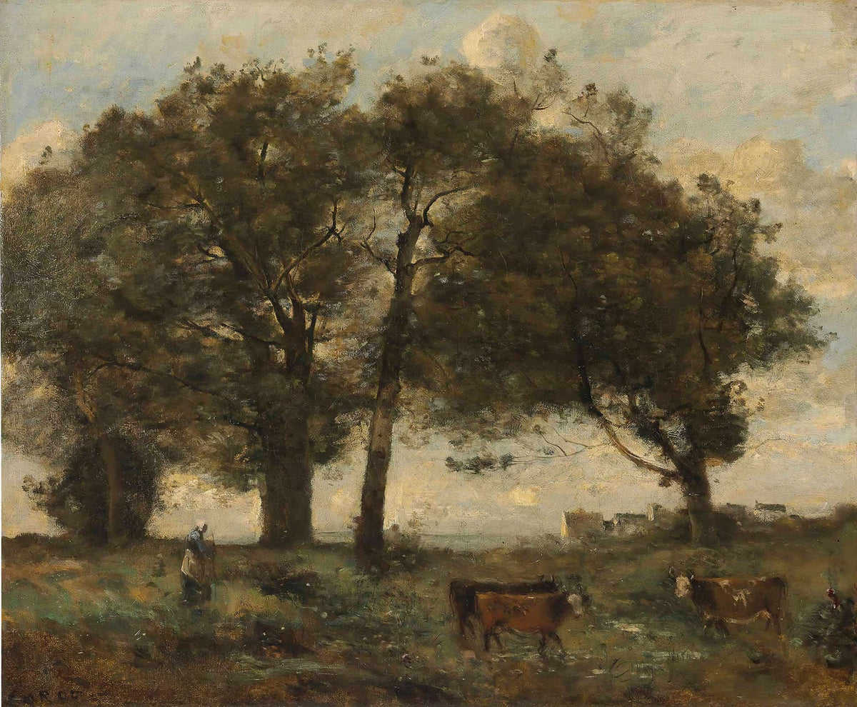 Marecages Boisee Avec Trois Vaches by Jean Baptiste Camille Corot
