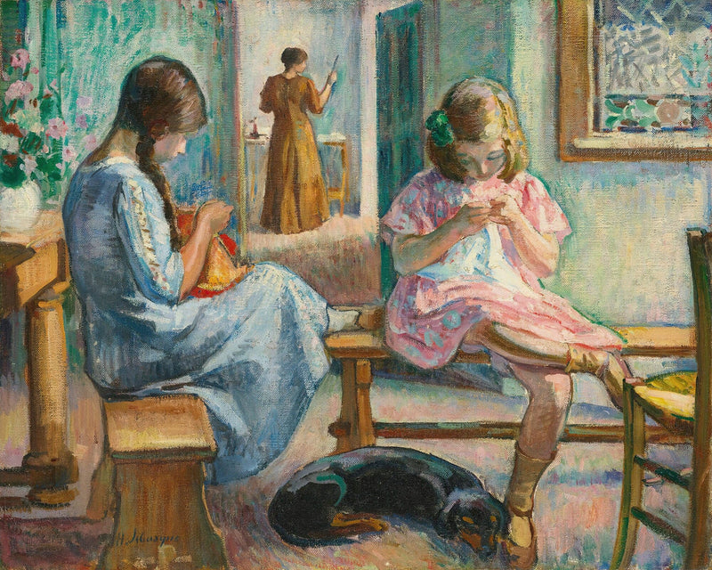 Marthe Et Nono Cousant Dans Un Interieur by Henri Lebasque