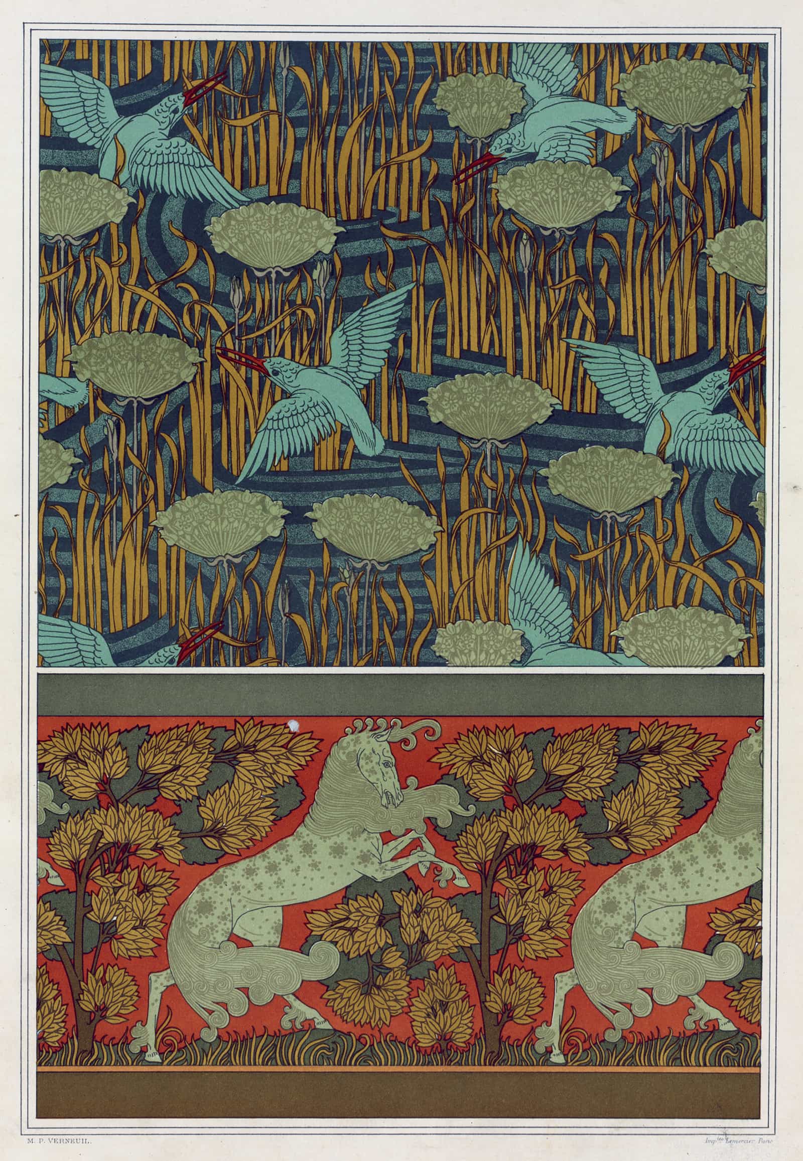 Martins Pecheurs Et Butome En Ombelle Papier Peint Chevaux Et Arbres Bordure by Maurice Pillard Verneuil