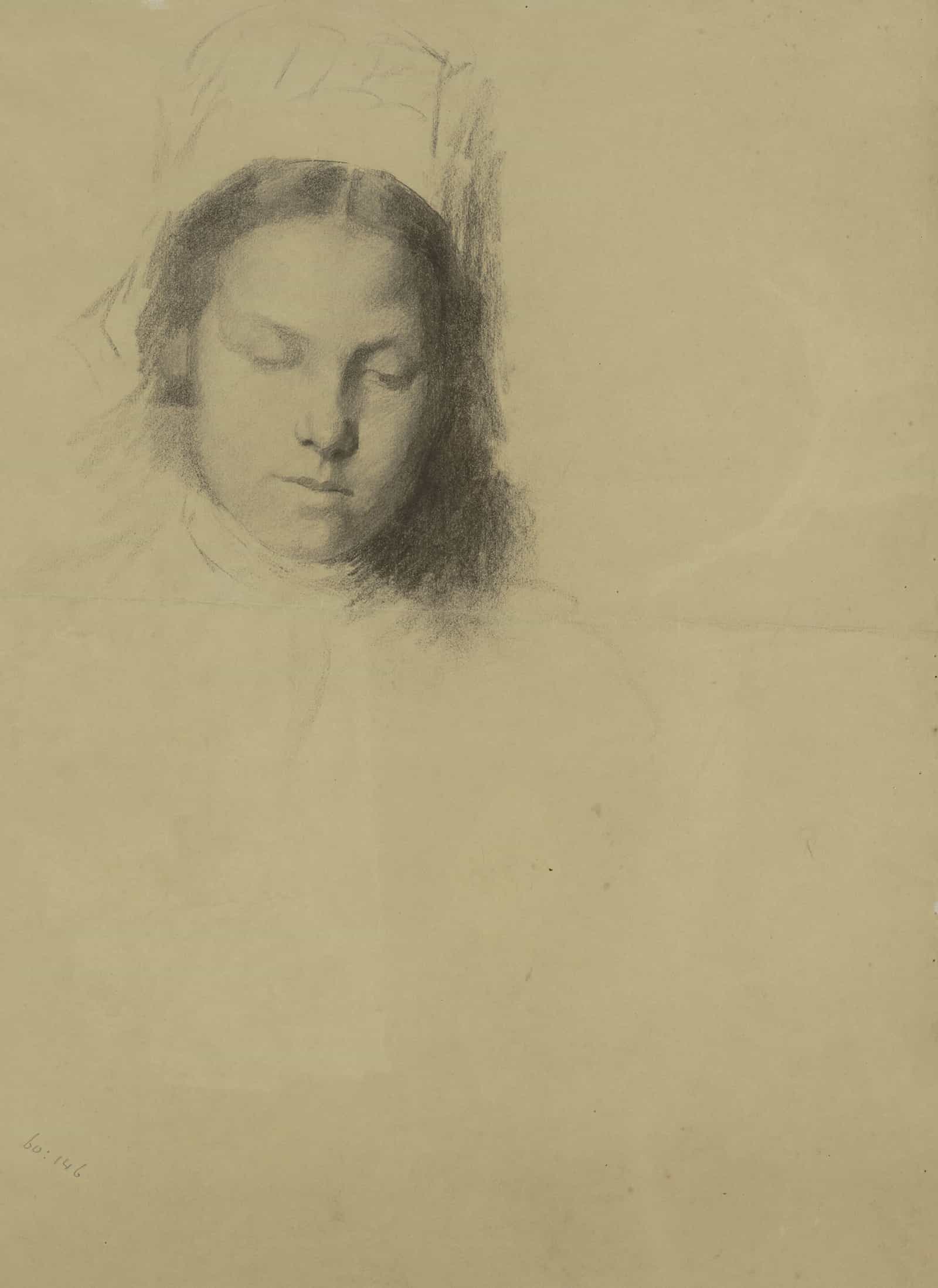 Meisjeskop Met Neergeslagen Blik by Therese Schwartze