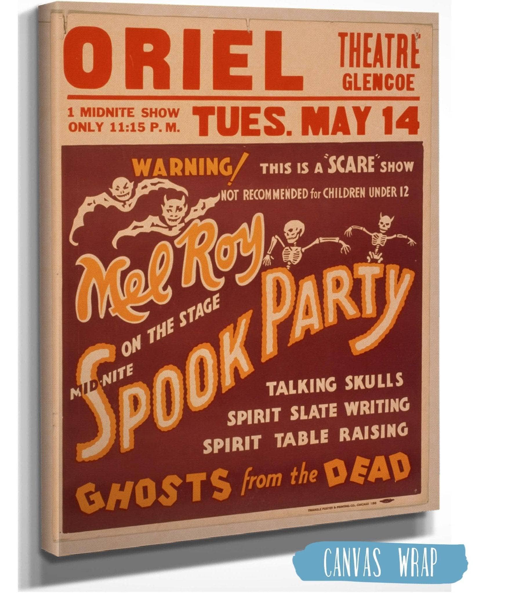 Mel Roy on the stage mid-nite, spook party talking skulls, spirit slate writing, spirit table raising, ghosts from the dead.
