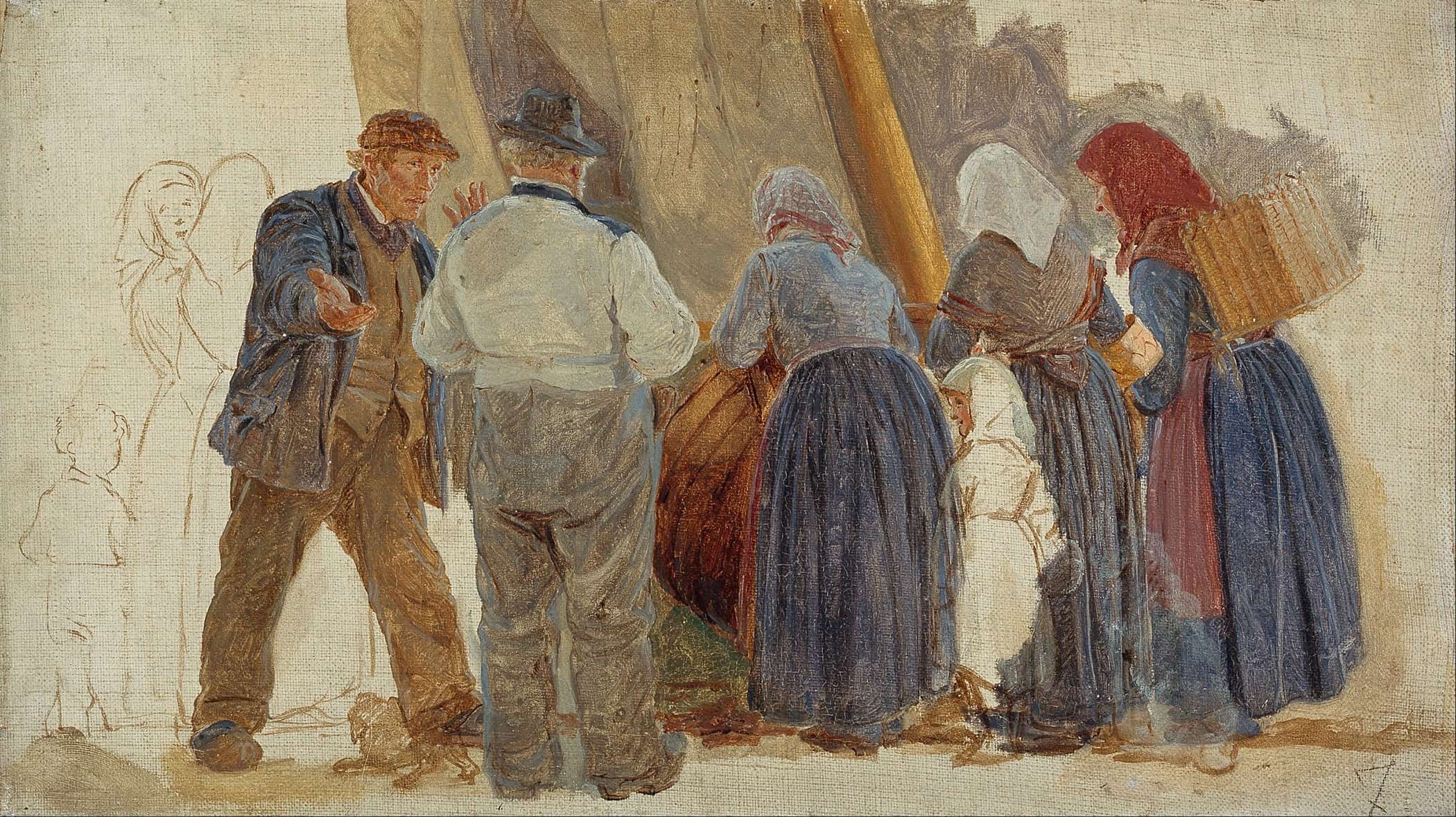 Morning At Hornbaek Men And Women Bargining by Peder Severin Kroyer