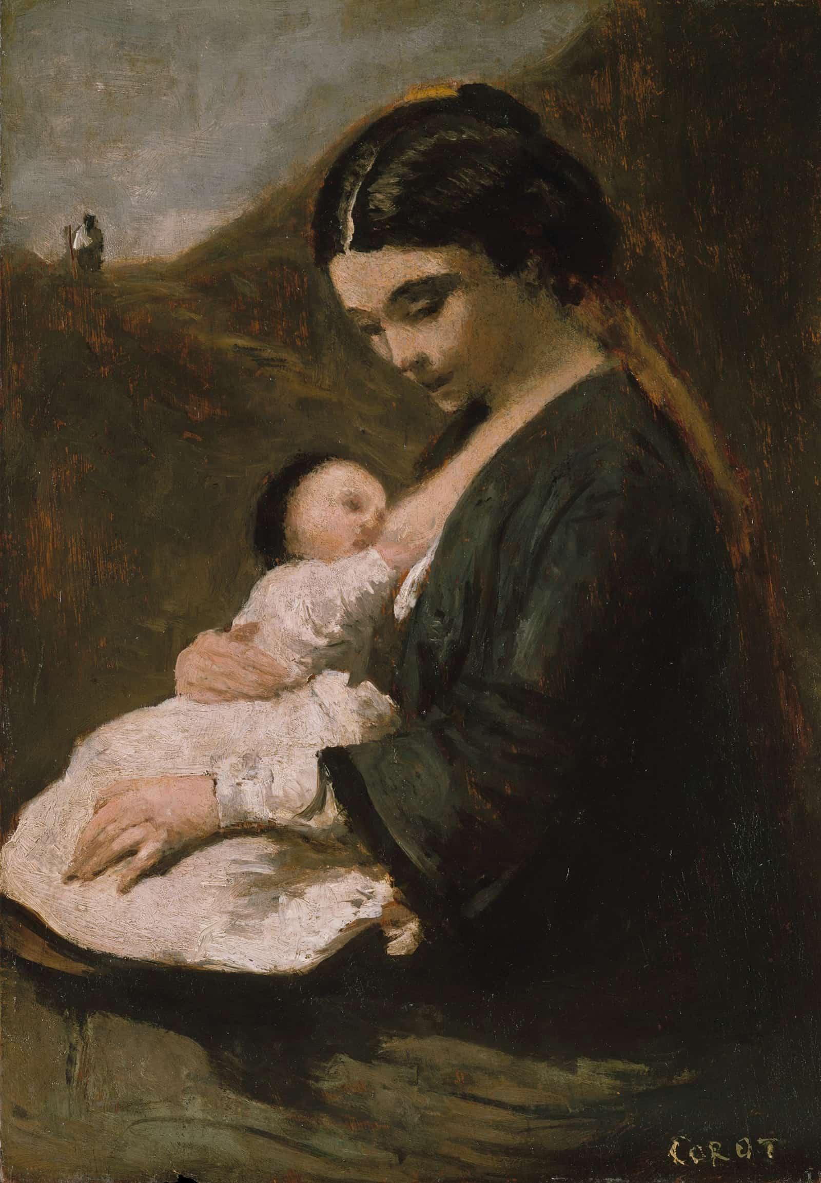 Mother And Child S by Jean Baptiste Camille Corot