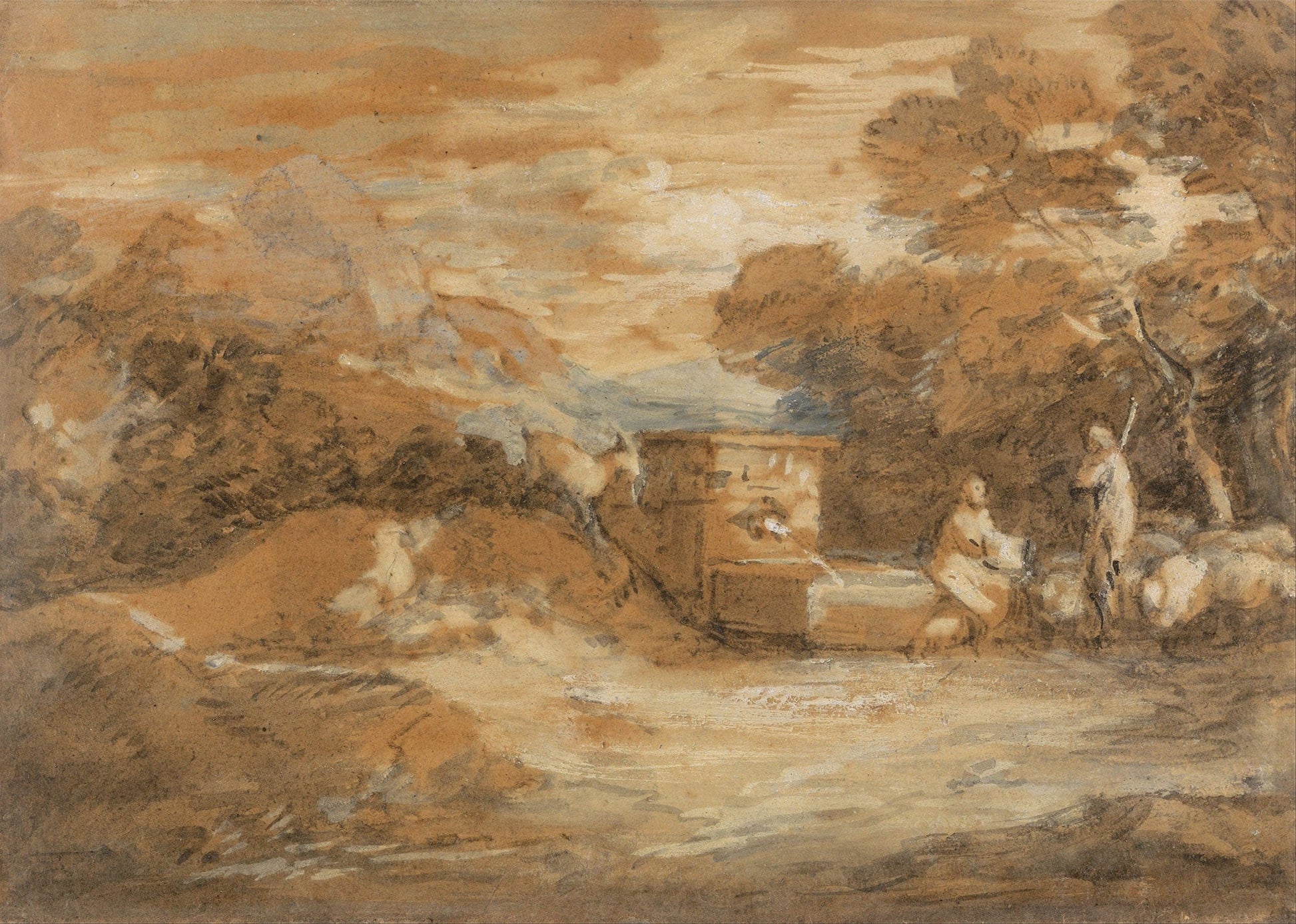 Mountain Landscape With Figures Sheep And Fountain by Thomas Gainsborough