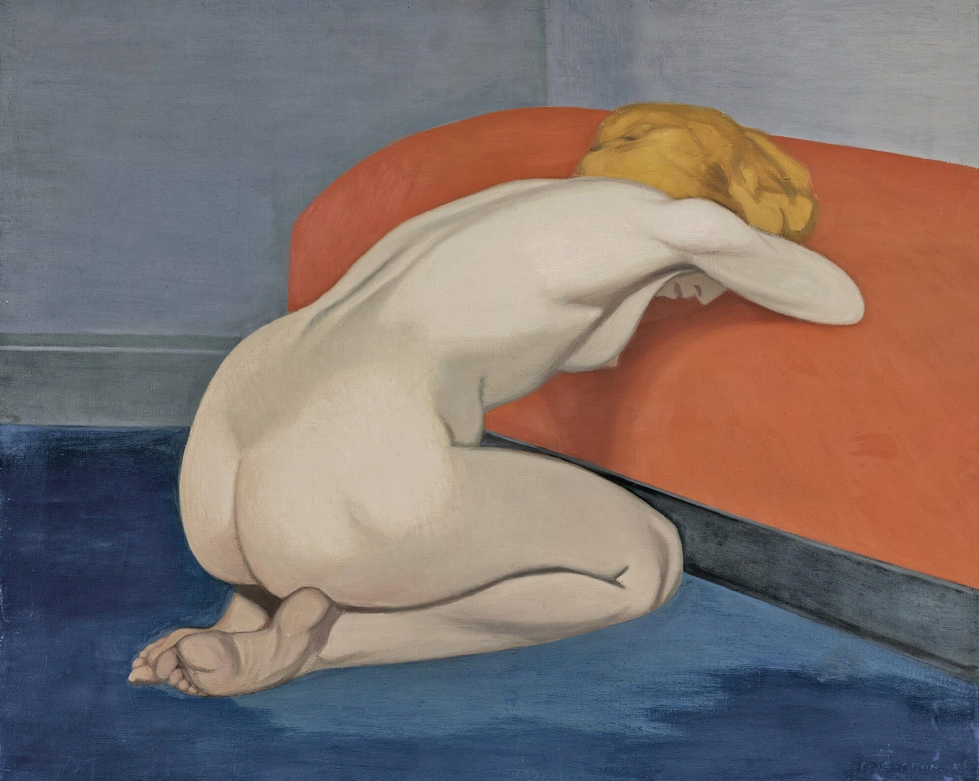 Naked Woman Kneeling In Front Of A Red Couch by Felix Vallotton