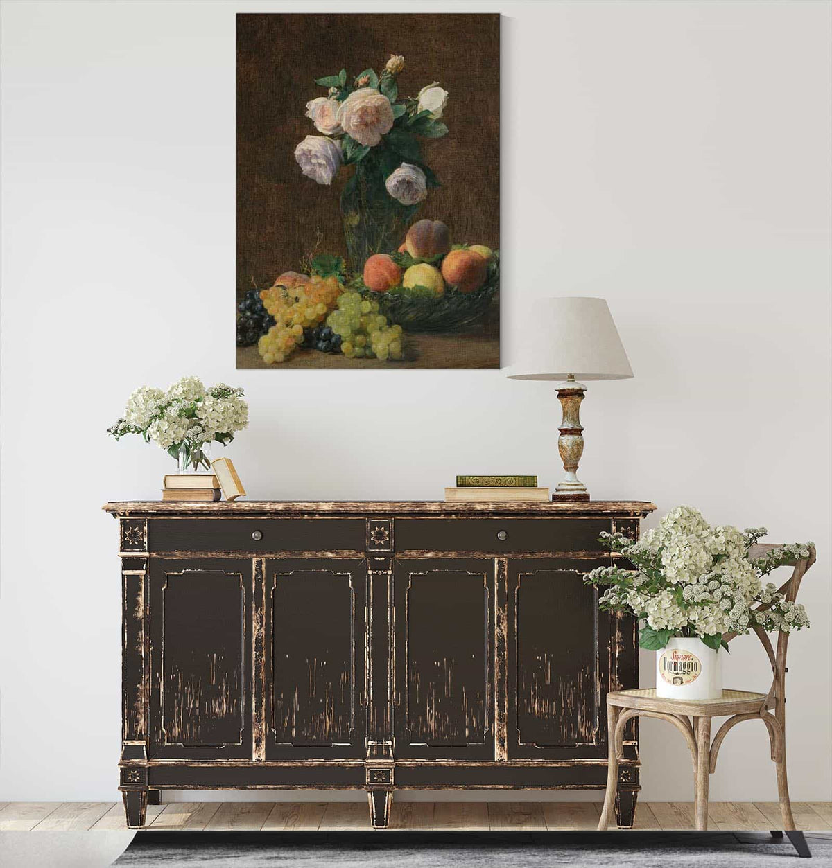 Nature Morte Vase De Roses Peches Et Raisins by Henri Fantin Latour