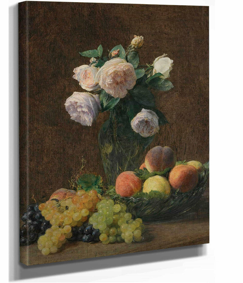 Nature Morte Vase De Roses Peches Et Raisins by Henri Fantin Latour
