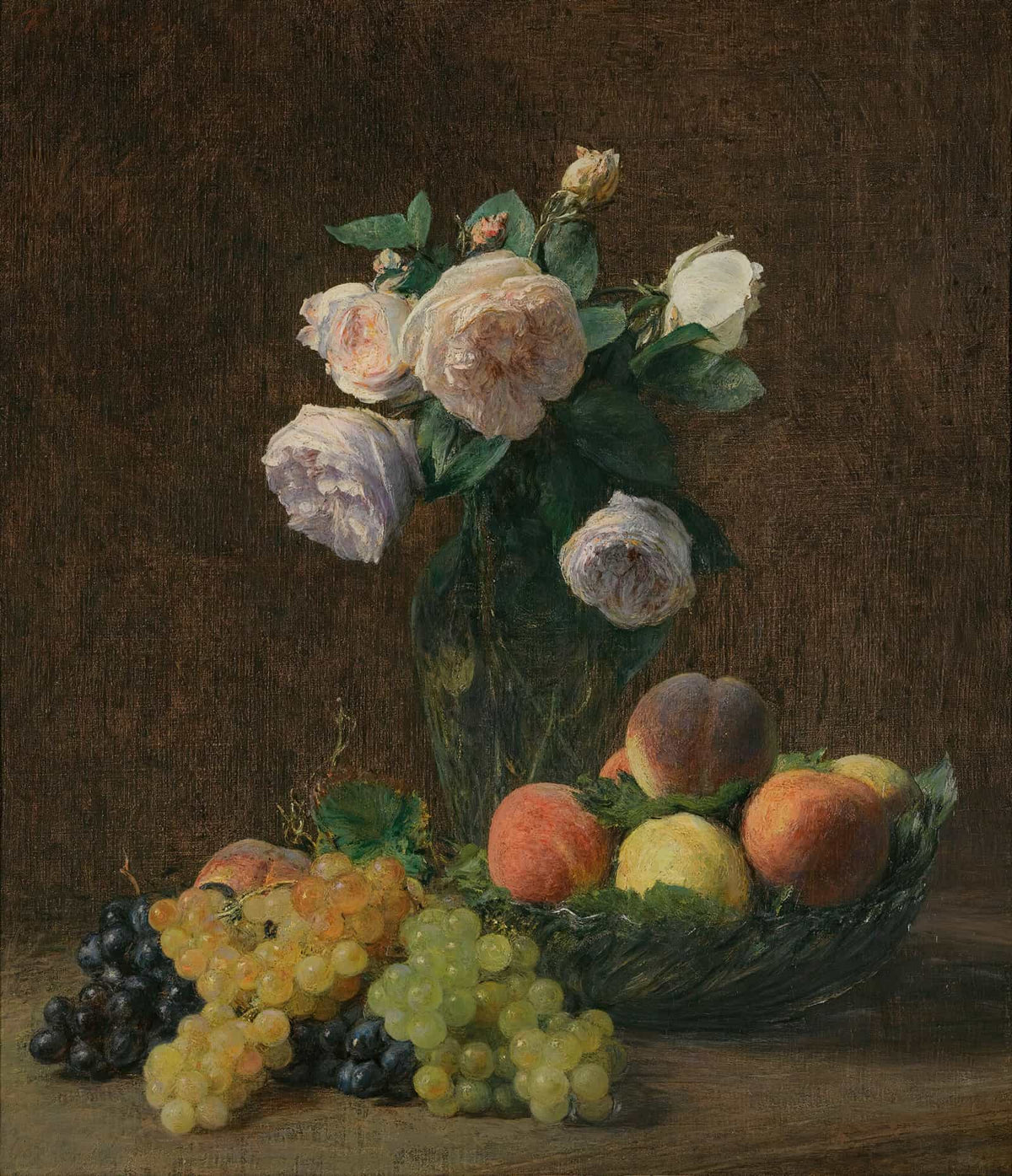 Nature Morte Vase De Roses Peches Et Raisins by Henri Fantin Latour