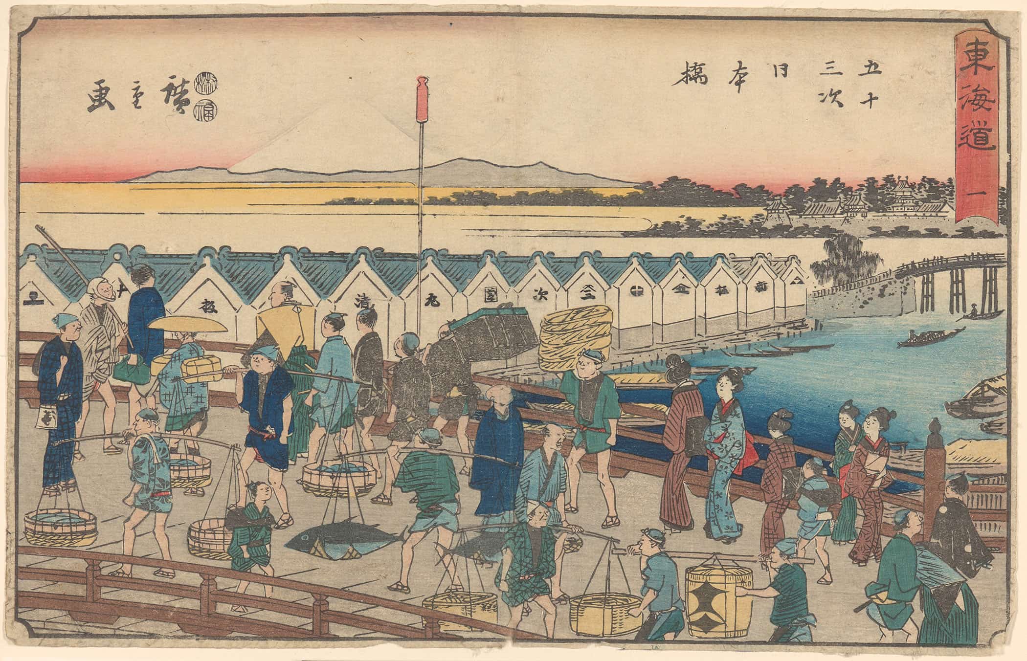Nihonbashi Porters Etc On Bridge Summer Scene by Ando Hiroshige