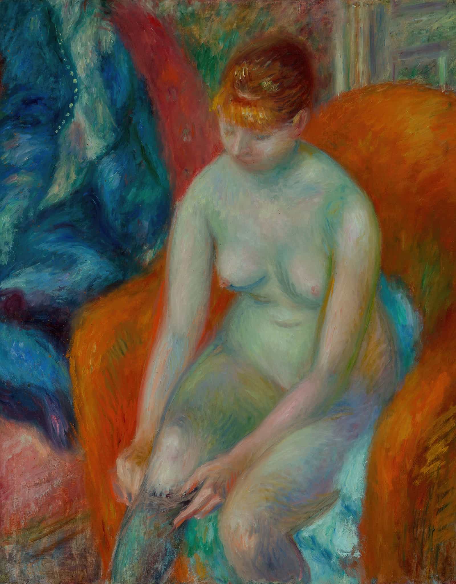 Nude Pulling On Stocking Nude With Red Hair by William James Glackens