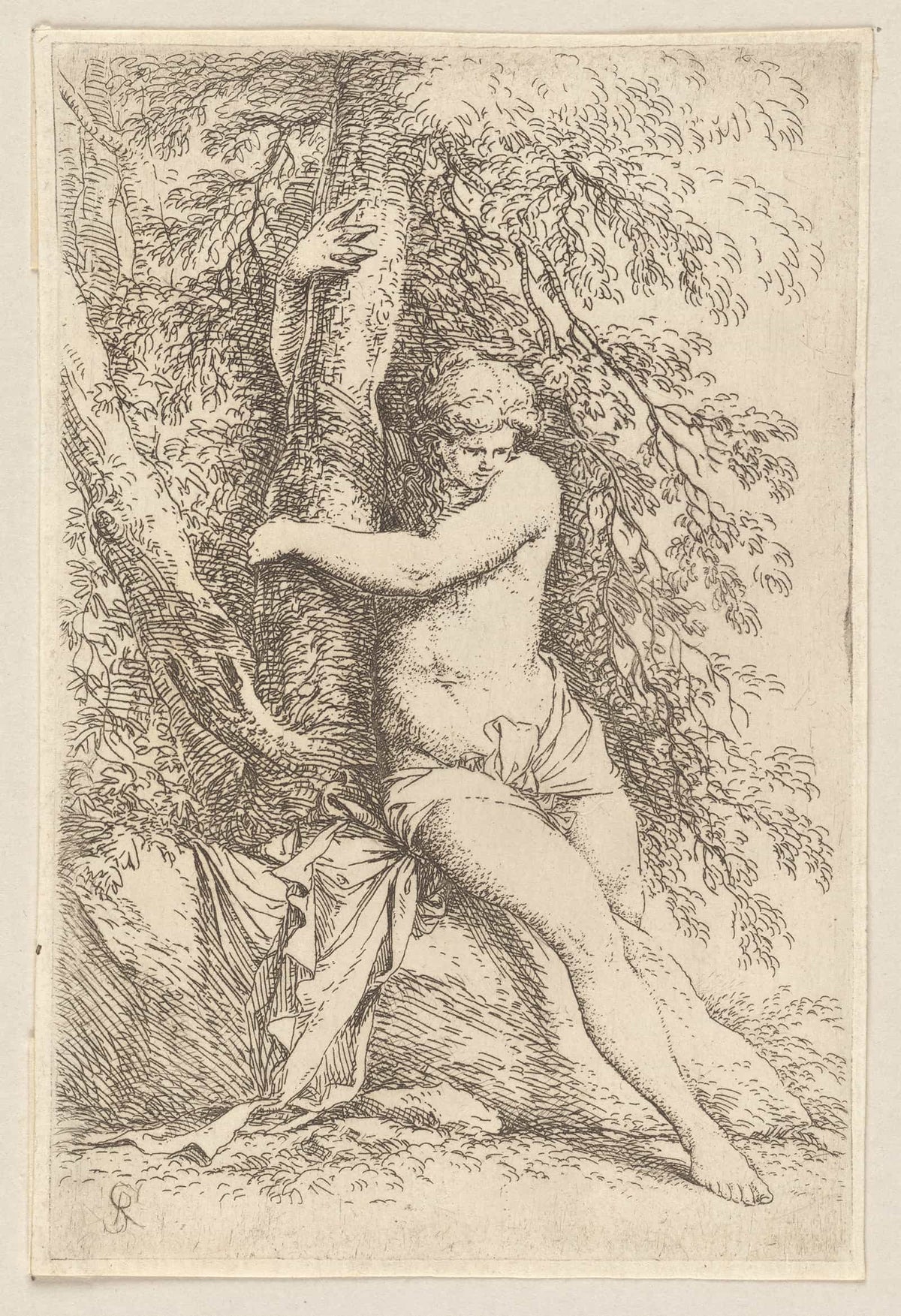 Nude Seated Holding Onto A Tree  by Salvator Rosa