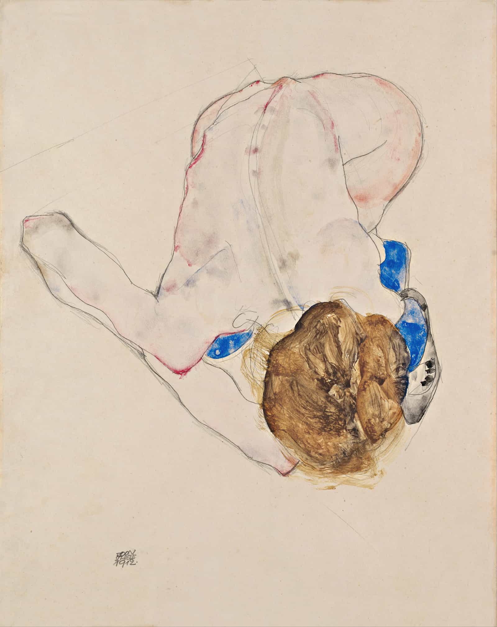Nude With Blue Stockings Bending Forward by Egon Schiele