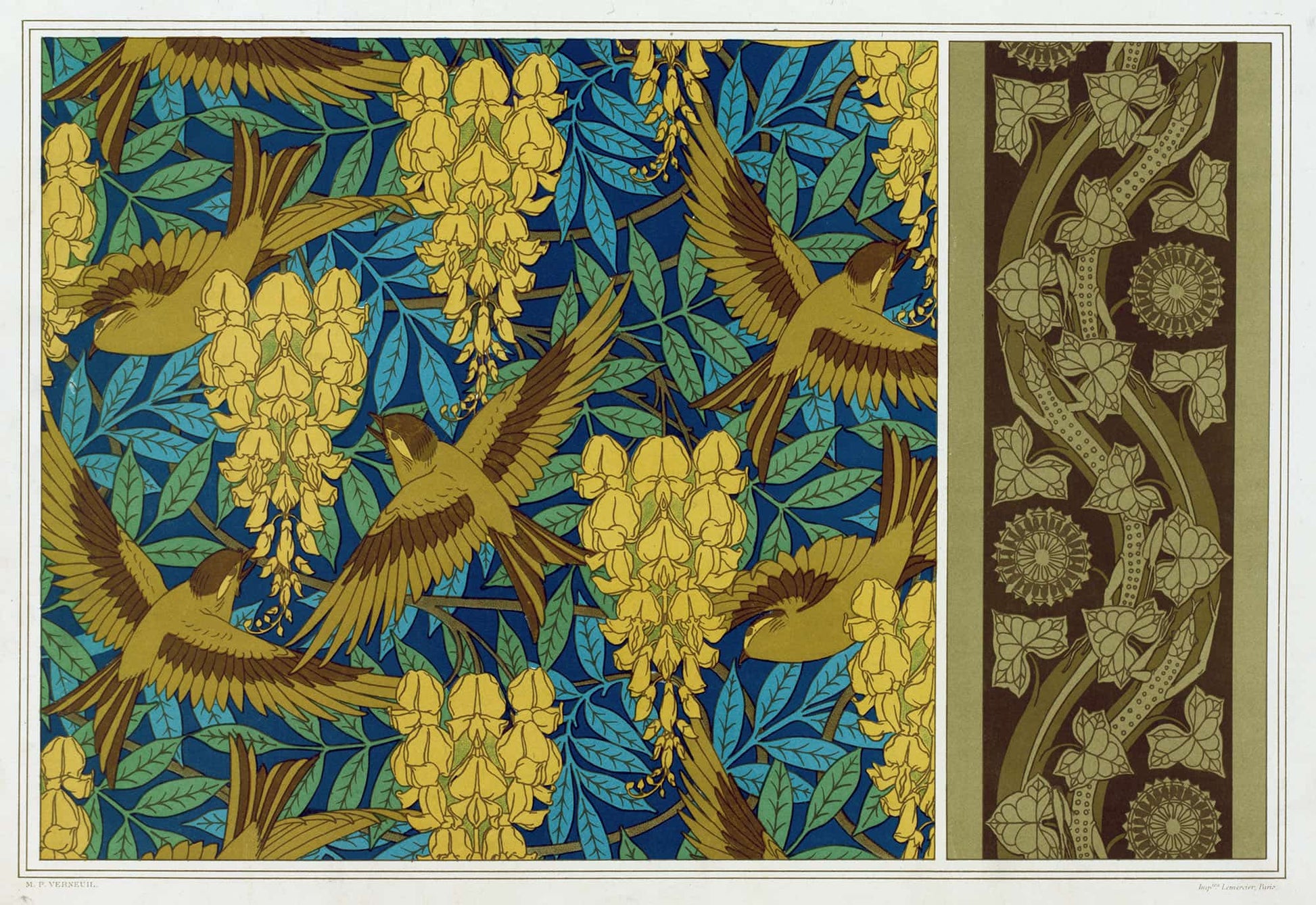 Oiseaux Et Glycines Tenture Lezards Et Lierre Bordure by Maurice Pillard Verneuil