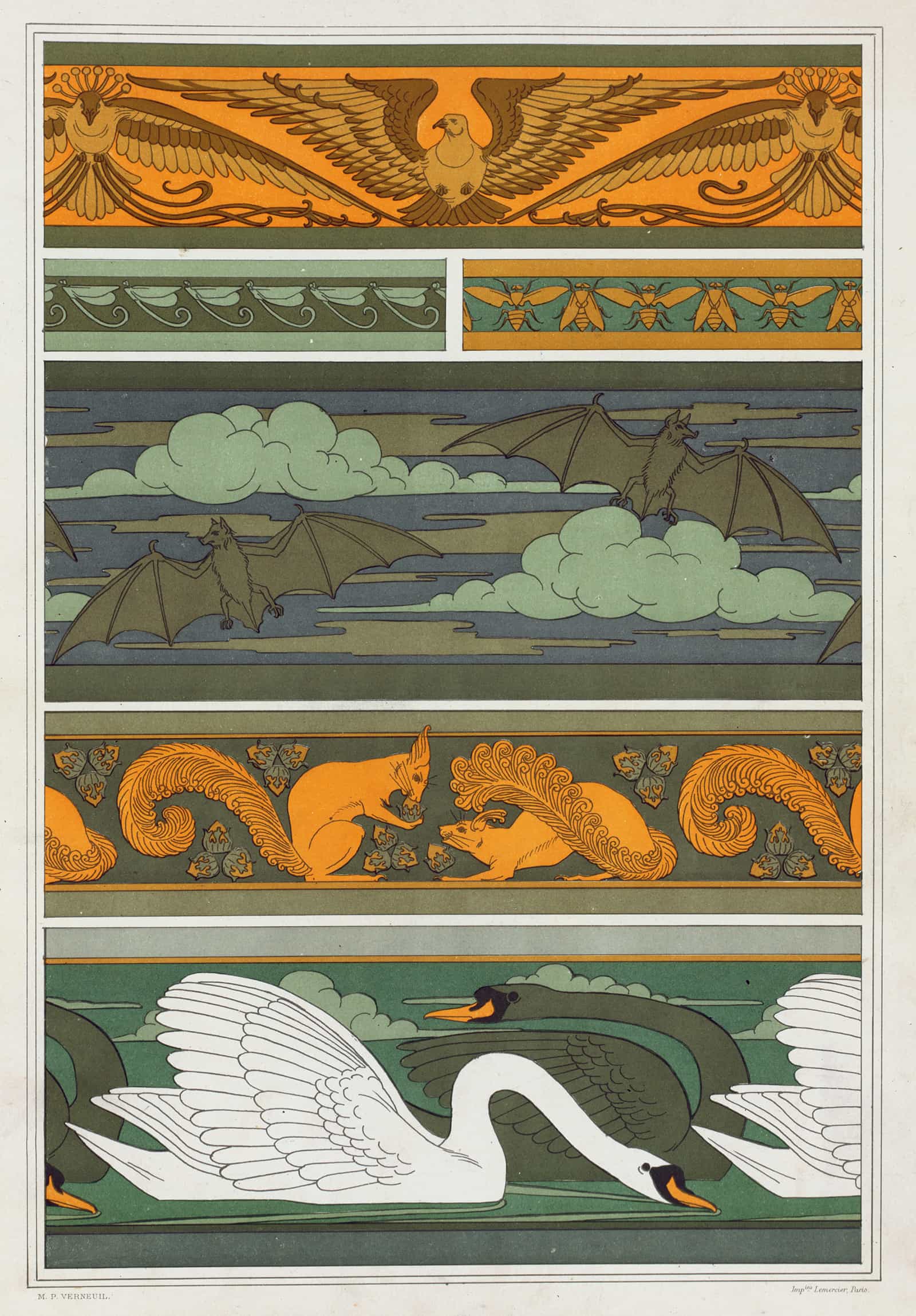 Oiseaux Libellules Mouches Chauve Souris Ecureuils Et Noisettes Cygnes Bordures by Maurice Pillard Verneuil