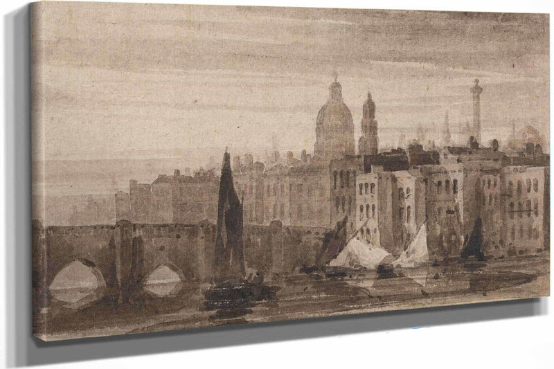 Old London Bridge And St Pauls Cathedral From The Thames by David Cox