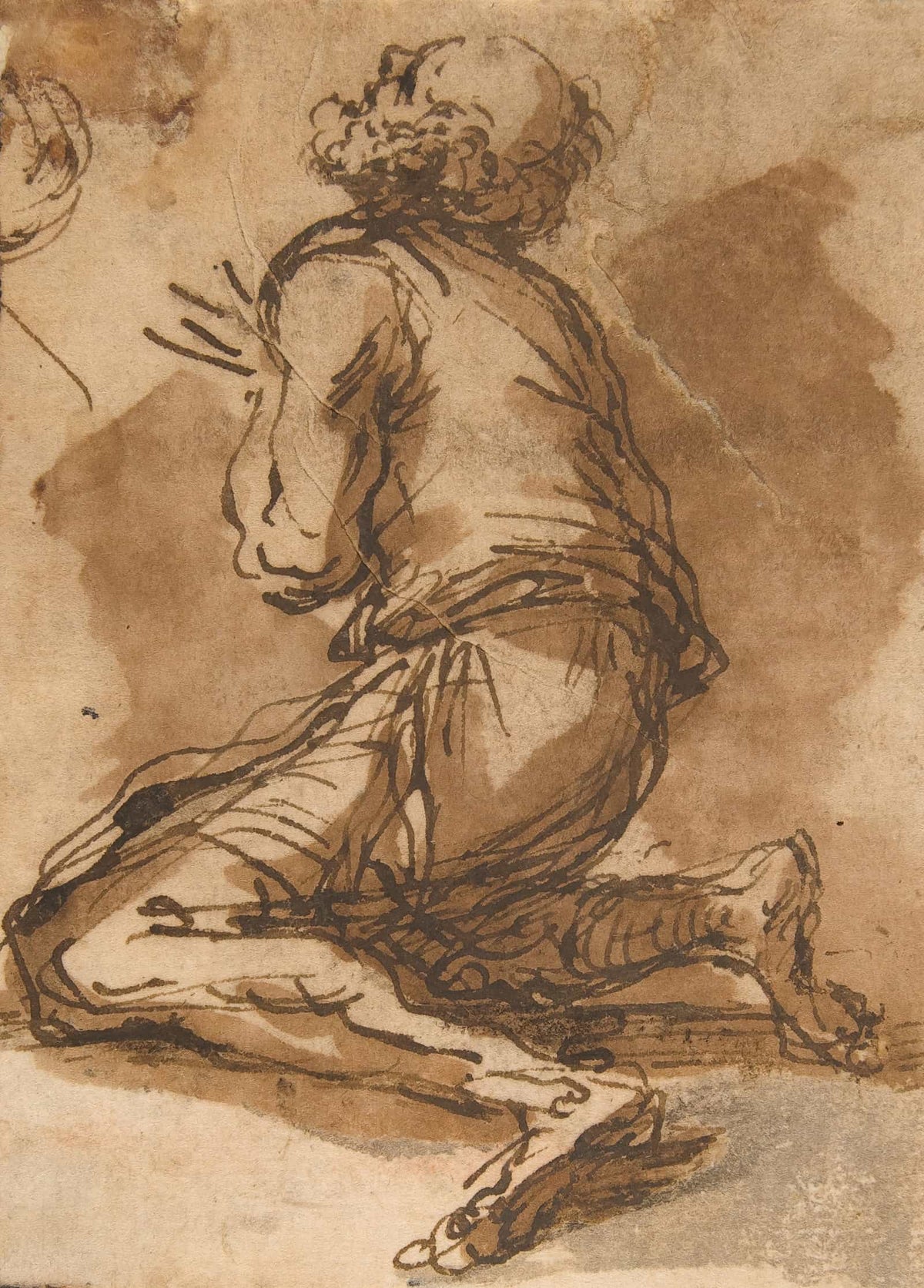 Old Man Kneeling Facing Upper Left   by Salvator Rosa