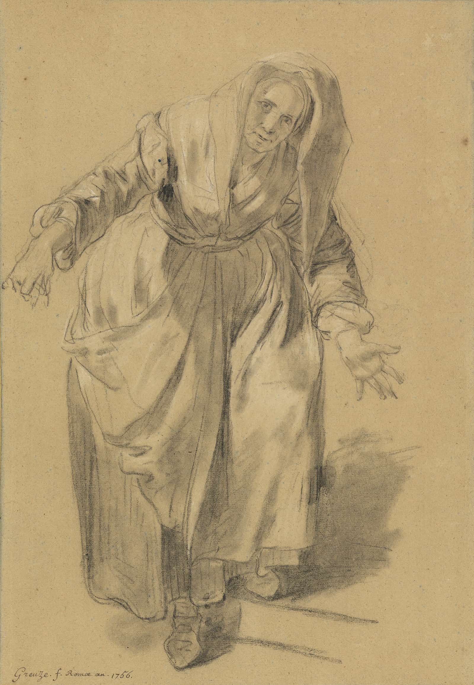 Old Woman With Arms Outstretched Study For The Neapolitan Gesture by Jean Baptiste Greuze