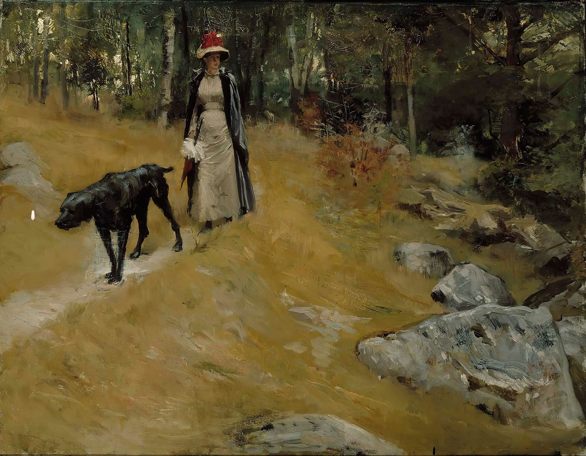 On The Shore Bank Annie Edelfelt With A Dog by Albert Edelfelt