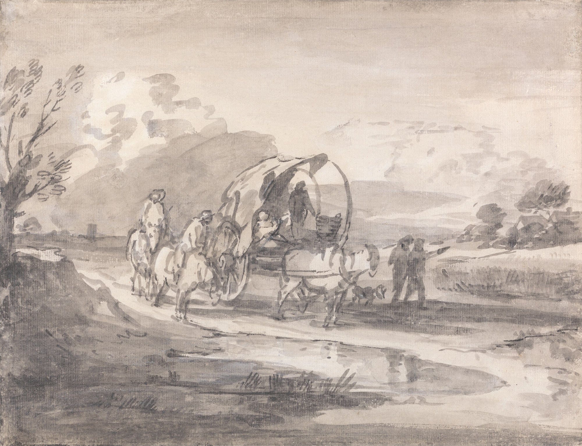 Open Landscape With Horsemen And Covered Cart Between And by Thomas Gainsborough