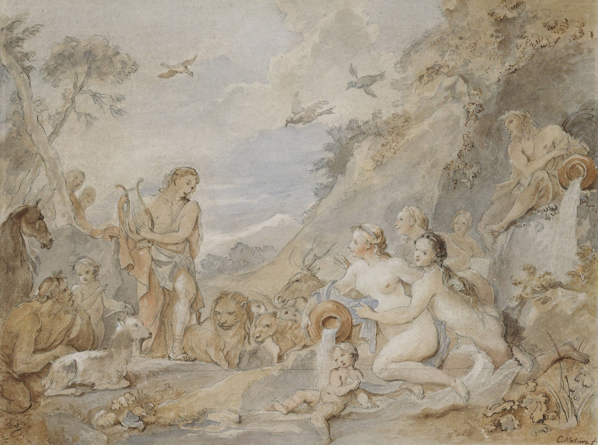 Orpheus Charming The Nymphs Dryads And Animals by Charles Joseph Natoire